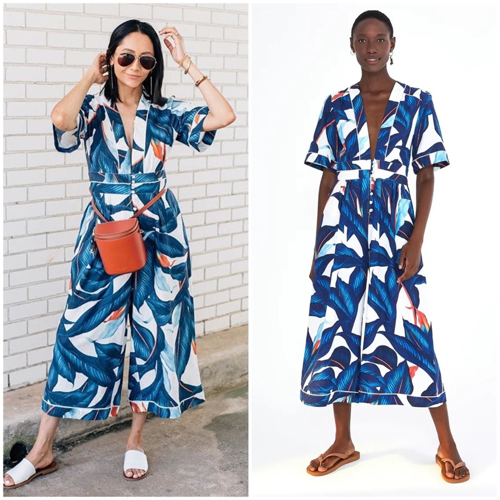 Farm Rio Blue Palm Tailored Wide Leg Linen Jumpsui